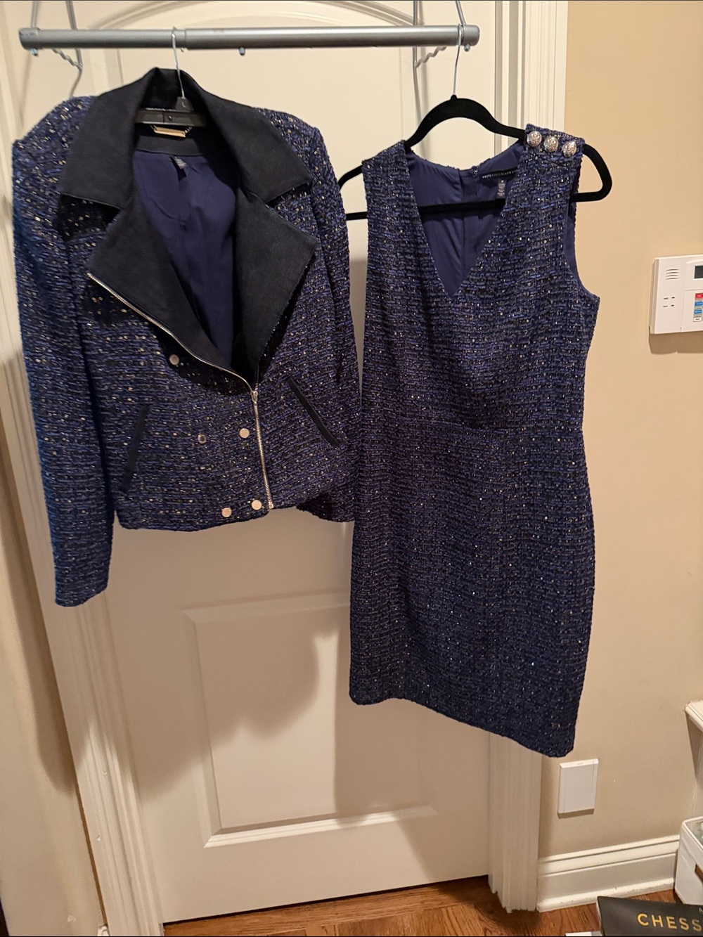 White House Black Market Navy Tweed Dress & Moto Jacket Set